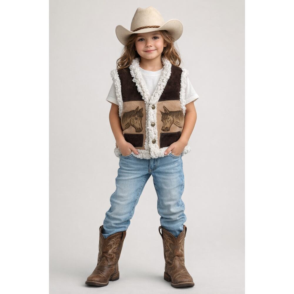 Kids Western Sherpa Lined Suede Vest Horse & Horseshoe Cowboycore 8–10